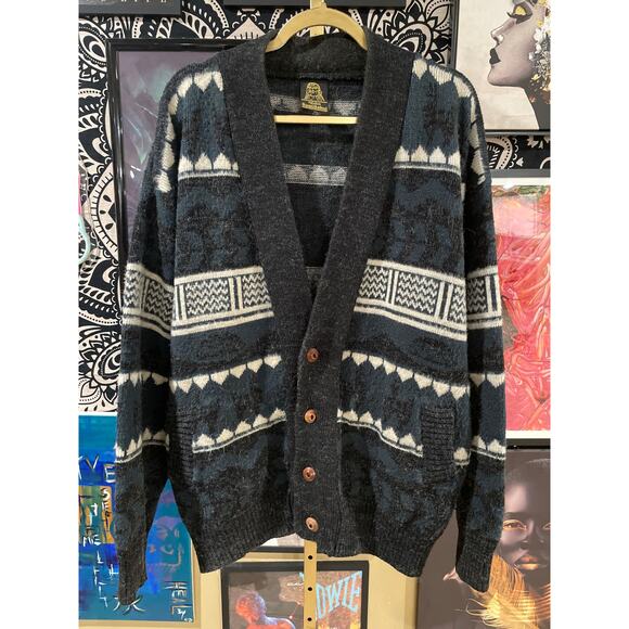 Vintage 90s Tejidos Ruminahui Aztec Geometric Heavyweight Cardigan Sweater L - Picture 1 of 8